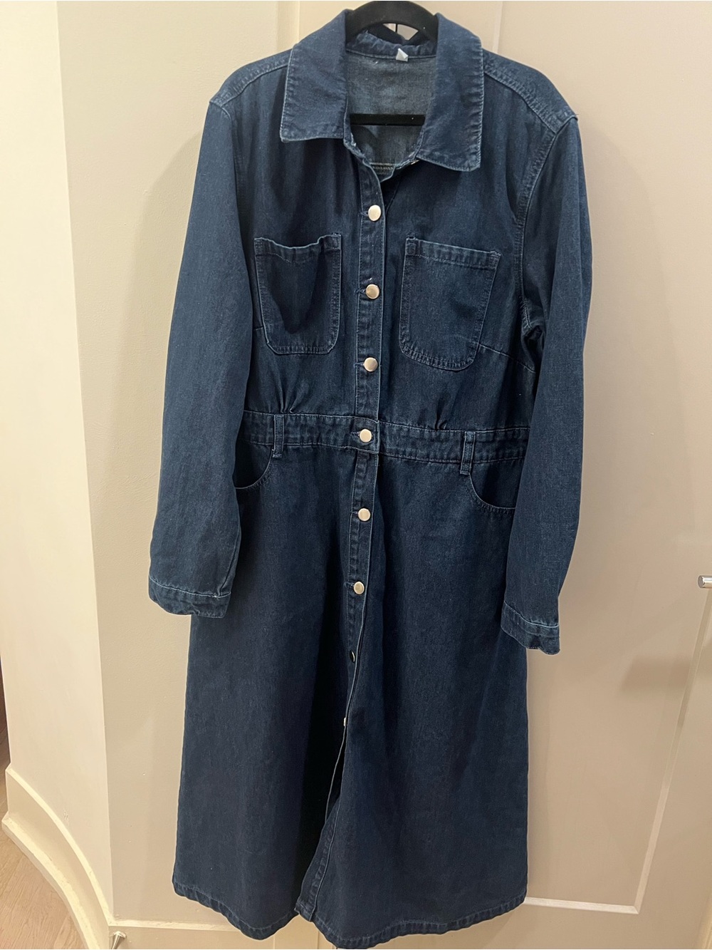 Long Dark Denim Button-Front Dress Coat - Picture 1 of 3